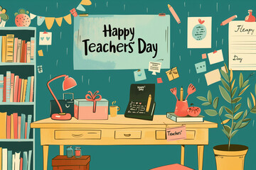 Vector Illustration of Teacher's Desk with Gifts and Cards for Happy Teachers' Day