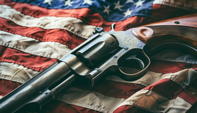 Gun control and gun rights in America with shotgun and American flag