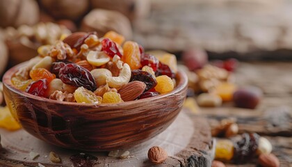 Healthy and wholesome mix of nuts and dried fruit on a vintage wooden background with selective focus