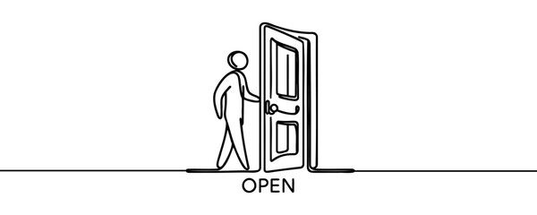 continuous drawing of business concept - man in front of open door drawn in one line.