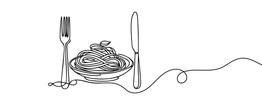 One continuous line drawing of fresh delicious Italian spaghetti pasta restaurant logo emblem. Italy fast food noodle shop logotype template concept.