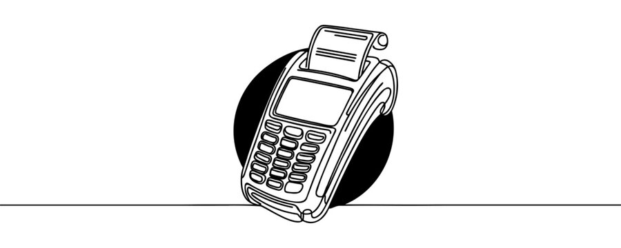 recommend clip art: Contactless bank card, credit card in payment terminal, credit card machine, one line art