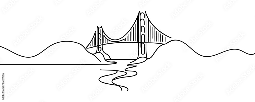 Poster giant bridge over river. continuous one line drawing design. simple modern minimaistic style vector 