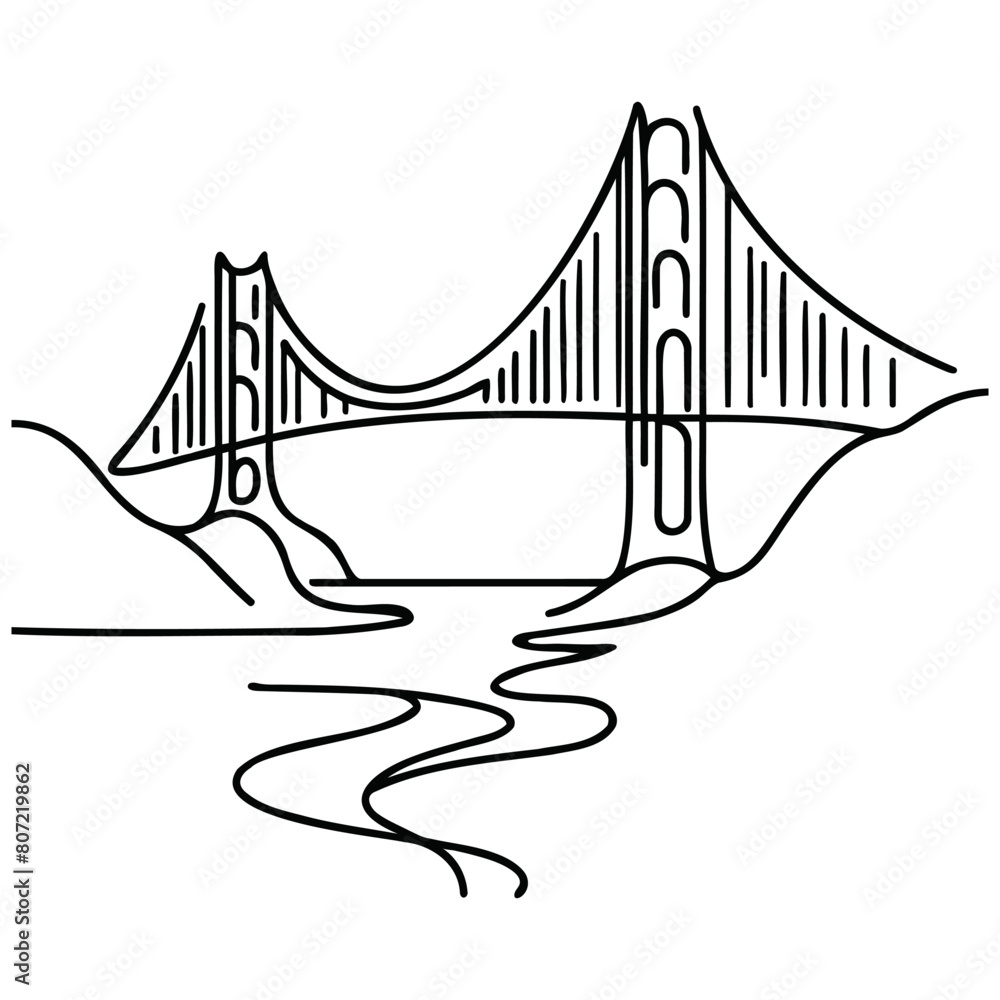 Poster giant bridge over river. continuous one line drawing design. simple modern minimaistic style vector 
