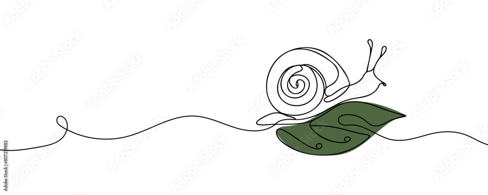 Poster snail one line drawing of isolated vector object.