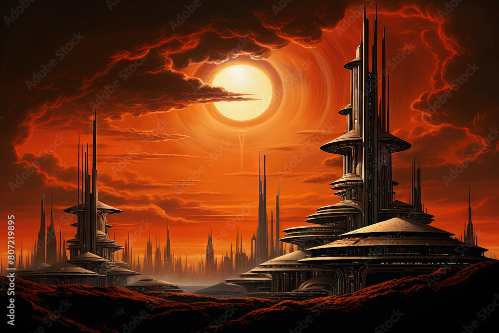 Canvas Prints Science fiction landscape with futuristic city at orange dusk on the alien planet. - Canvas Prints