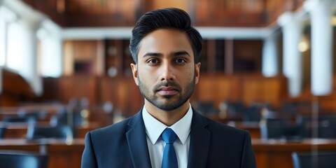 Obraz premium A composed young lawyer poses in a courtroom, symbolizing justice and professionalism