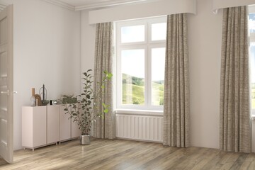 White empty room with summer landscape in window. Scandinavian interior design. 3D illustration