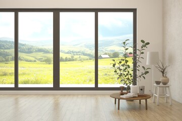 Fototapeta premium White empty room with summer landscape in window. Scandinavian interior design. 3D illustration