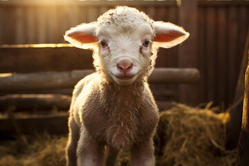 Obraz premium Funny close up portrait of a lamb on a wide angle camera 