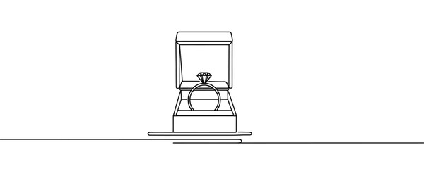 Wedding ring in a box, continuous line drawing. One line art, wedding rings.