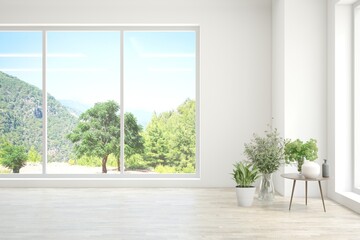 White empty room with summer landscape in window. Scandinavian interior design. 3D illustration