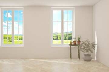 White empty room with summer landscape in window. Scandinavian interior design. 3D illustration