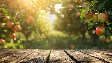 Wooden table top with copy space. Orchard background hyper realistic 