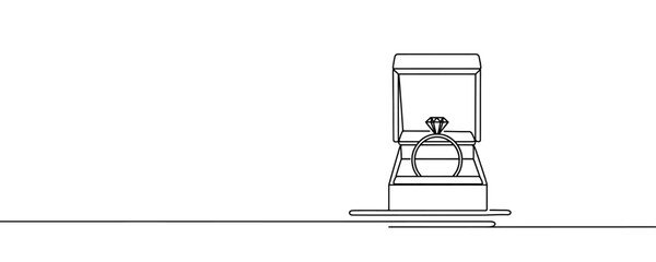 Wedding ring in a box, continuous line drawing. One line art, wedding rings.