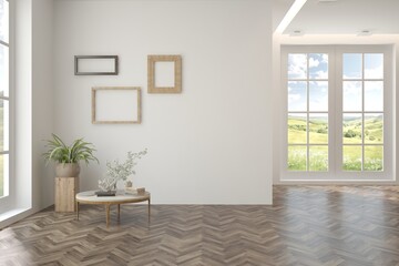 White empty room with summer landscape in window. Scandinavian interior design. 3D illustration