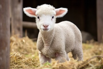 Obraz premium Funny close up portrait of a lamb on a wide angle camera 