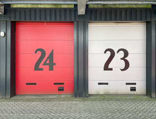 Large, numbered doors of storage units in Zutphen, the Netherlands