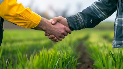 Workers shake hands against the background of a field sown with green shoots of young wheat. hyper realistic 