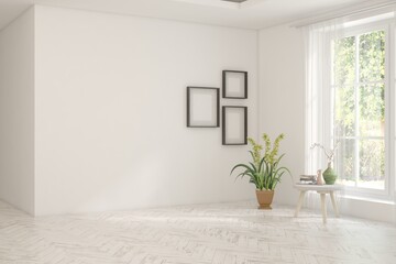 White empty room with summer landscape in window. Scandinavian interior design. 3D illustration