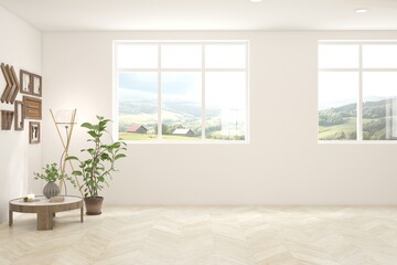 White empty room with summer landscape in window. Scandinavian interior design. 3D illustration