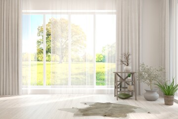 White empty room with summer landscape in window. Scandinavian interior design. 3D illustration