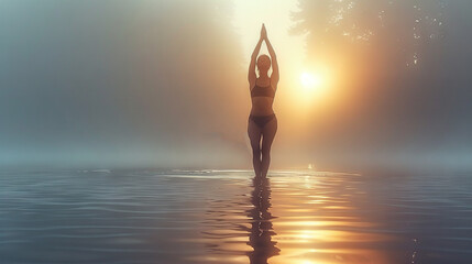   A woman practicing yoga on a floating platform surrounded by sunlight reflecting off the water's surface as it slowly descends into darkness - Powered by Adobe