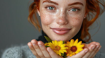   A woman smiling while holding sunflowers in her hand with freckled hair