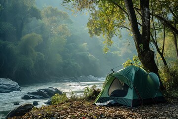 Green tent in the forest on the bank of the river against the backdrop of the mountains. Concept of tourism, vacation, travel, hiking camp, mountain, tourism, tent, shore, hiking, 
