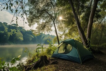 Green tent in the forest on the bank of the river against the backdrop of the mountains. Concept of tourism, vacation, travel, hiking camp, mountain, tourism, tent, shore, hiking, 
