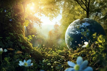 A model of the planet Earth lies on the grass in the middle of nature, forest, concept for celebrating Earth Day, ecology
