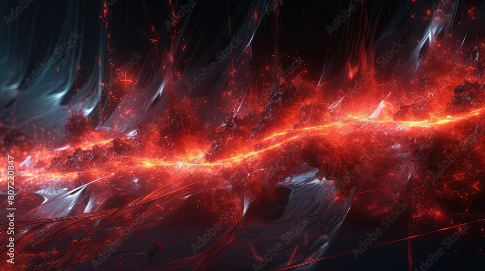 Poster Abstract technology burst with glowing wires and particles in motion. Technology and science dynamic background.