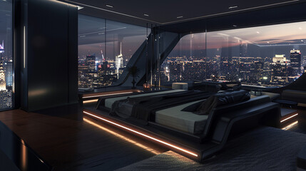 A dark and sophisticated penthouse bedroom, with an ultra-modern bed overlooking the twinkling city...