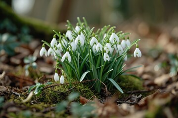  Delicate white snowdrops in the forest on a blurred background.
