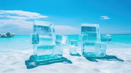 Couple of ice deck chairs on the beach, refreshing concept. Vacation on the hot shore with cold chairs.