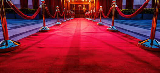 a red carpeted entrance way with ropes and poles