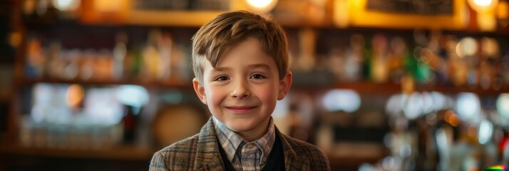 A young boy in formal attire smiles charmingly in a cozy indoor setting, with a blurred bar background