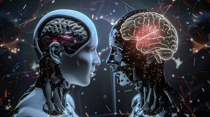 Visualize the clash of ideologies on AI sentience from a highangle perspective, using futuristic elements like digital brains and robotic forms