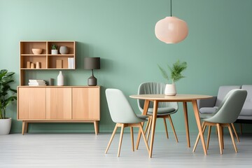 Minimalistic modern living room, Scandinavian Living Room with pastel color wall Chairs, Wooden Table