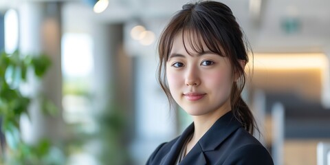 An approachable businesswoman smiles warmly in a professional office environment