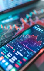 mobile phone displaying a stock market graph and financial data on the screen over a laptop
