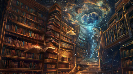 A depiction of a cosmic library, with books as portals to different universes, each shelf offering...