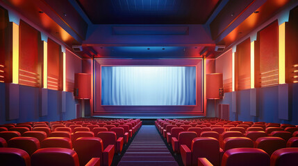 Fototapeta premium a theater with a big screen and rows of red chairs, cinema hall without people