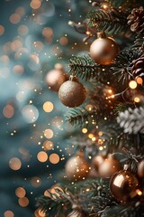 A stunning Christmas bokeh background with a Christmas tree, baubles and lights. 