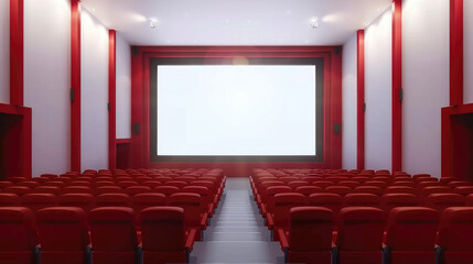 Fototapeta premium a theater with a big screen and rows of red chairs, cinema hall without people