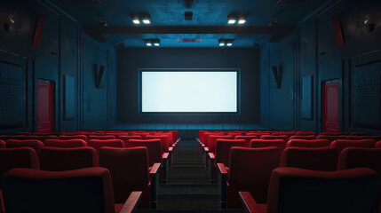 a theater with a big screen and rows of red chairs, cinema hall without people