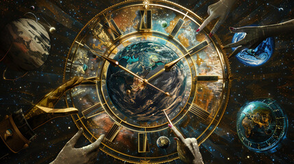 A depiction of a multiverse clock, with hands ticking across dimensions, each hour marked by a different world, symbolizing the fluidity of time and its varied perception across the cosmos.