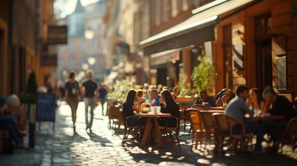 Outdoor Café Scene in Bustling European City with Patrons Enjoying Coffee and Pastries
