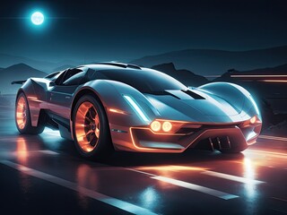 Futuristic sports car with neon lights glow in the dark car vehicle