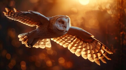 Fototapeta premium An Owl Gliding through the Sunset's Warm Glow